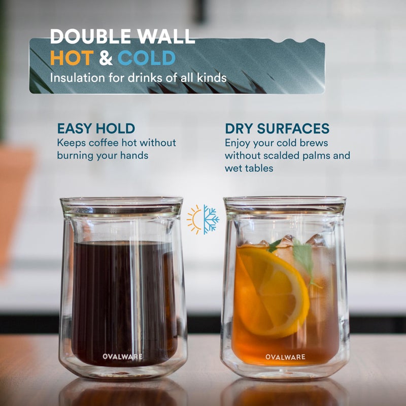 ovalware Double Wall Single Lip Insulated Glass Cup, Set of 2 (12oz / 350ml) - Borosilicate Glass For Coffee, Tea, Whiskey, Cocktails & All Beverages - Minimalistic & Durable Double-Wall Drinking Mug - Image 5